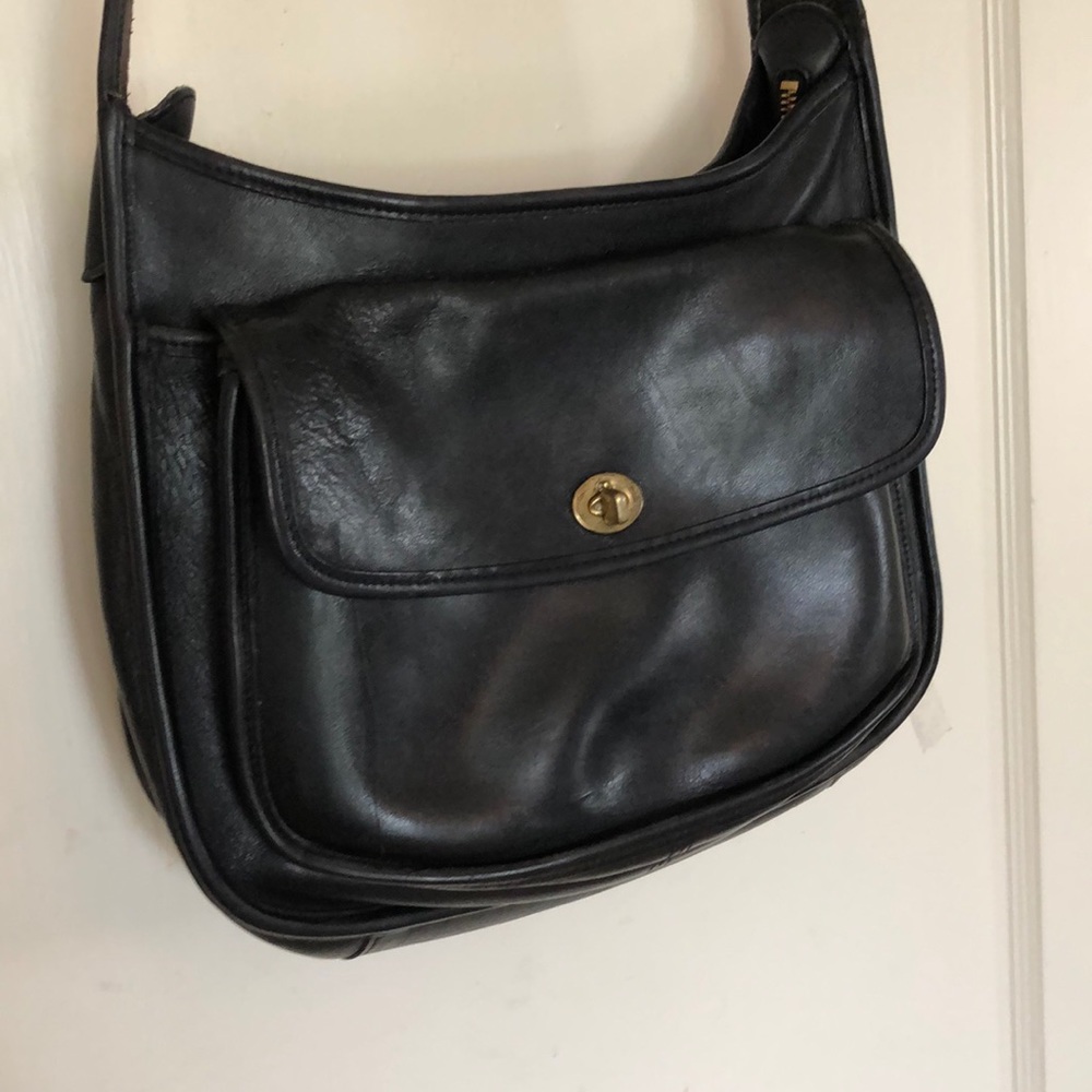 Large vintage black leather Coach crossbody bag